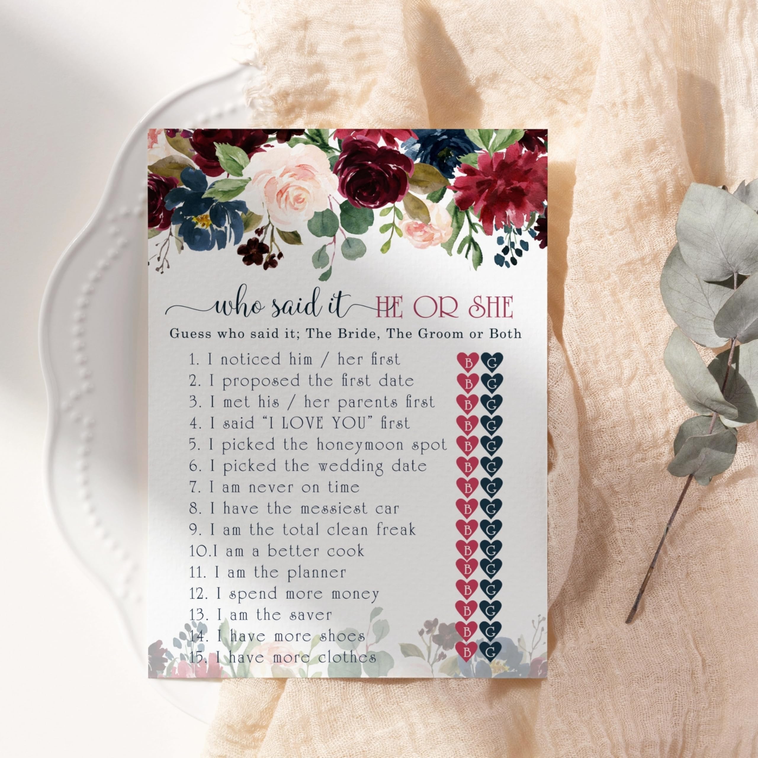 Blue Floral Bridal Shower Games - 25 Cards - He Said She Said - What Did The Bride And Groom Say Guess Who Wedding Activities -